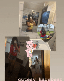 a girl is taking a picture of herself in a mirror and the words cutesy karebear are on the bottom