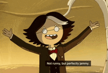 a cartoon character says " not runny but perfectly jammy " in a speech bubble