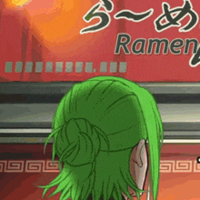 a woman with green hair is standing in front of a sign that says ramen .