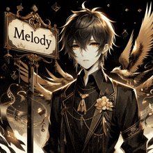 a boy with a sign that says melody behind him