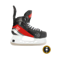 a pair of red and black ice skates with a yellow x on the bottom