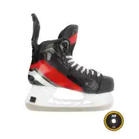 a pair of red and black ice skates with a yellow x on the bottom