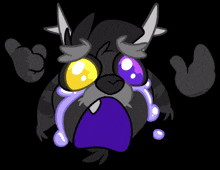 a cartoon drawing of a cat with purple eyes and tears coming out of it 's mouth