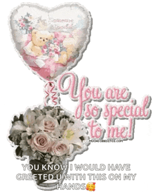 a heart shaped balloon with a teddy bear on it is sitting next to a bouquet of flowers .