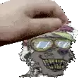 a hand is holding a cartoon character 's nose .