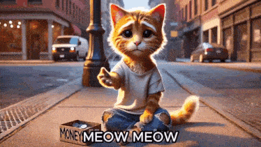 a cat is sitting on the sidewalk with a box of coins and the words money meow meow on the bottom