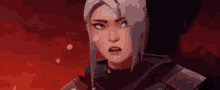 a close up of a video game character 's face with a red background .