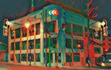 a painting of a building with a cc logo