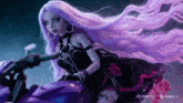a doll with long purple hair is riding a purple motorcycle sponsored by minimax
