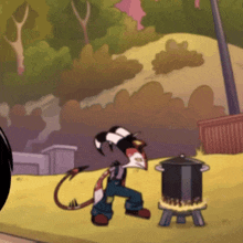 a cartoon character is standing next to a pot on a table