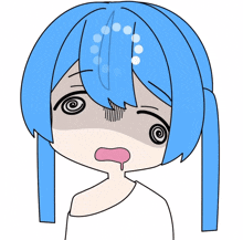 a drawing of a girl with blue hair making a swirl face