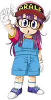 a cartoon character wearing overalls and a hat with the word arale on it