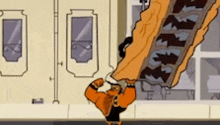 a cartoon of a man holding a large piece of wood .