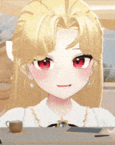 a girl with blonde hair and red eyes sitting at a desk
