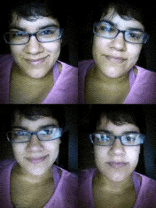 a woman wearing glasses and a pink shirt has four different facial expressions