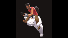 a man in a red shirt is riding on the back of a snowman
