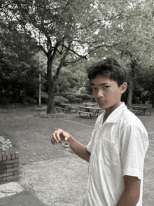 a boy in a white shirt stands in front of a picnic area