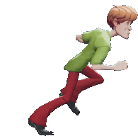 a cartoon character is running with a green shirt and red pants