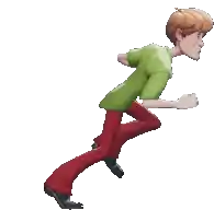 a cartoon character is running with a green shirt and red pants