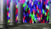 a cartoon character stands in front of a colorful wall with columns