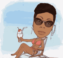 a woman in a bikini is sitting in a chair holding a drink with a straw