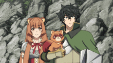 a couple of anime characters standing next to each other one holding a small animal
