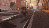 a cartoon character is walking down a street in a city