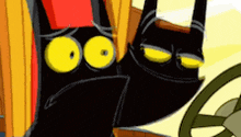 a cartoon character with yellow eyes and a red hat