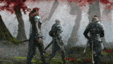 a painting of three warriors in a forest with red leaves