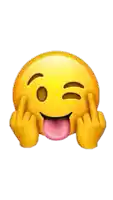 a smiley face with a pink tongue sticking out and giving the middle finger