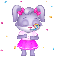 a cartoon bunny with a pink bow on her head blowing a party horn
