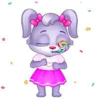 a cartoon bunny with a pink bow on her head blowing a party horn