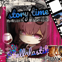 a picture of a girl with the words story time written on it