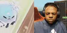 a person wearing headphones next to a picture of a cartoon character