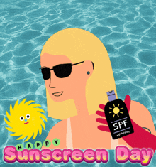 a woman is holding a bottle of spf in her hand