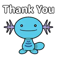 a cartoon axolotl says thank you with purple arms