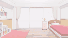 a girl wearing glasses is standing in a room with a pink nightstand