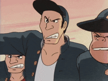 a group of cartoon characters are standing next to each other and one has an angry look on his face