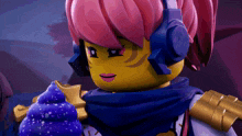 a lego character with pink hair and headphones holding a purple ice cream cone