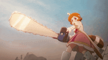 a cartoon girl is holding a large chainsaw