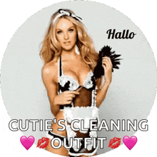 a picture of a woman dressed as a maid with the words hallo cutie 's cleaning outfit on it
