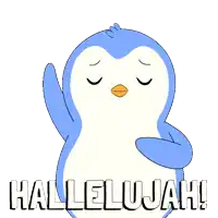 a blue and white penguin with the words hallelujah on the bottom