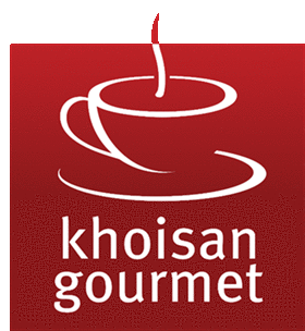 a logo for khoisan gourmet has a cup of coffee on a saucer