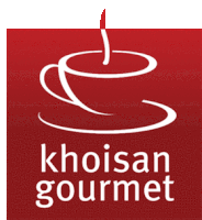 a logo for khoisan gourmet has a cup of coffee on a saucer