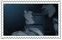 a picture of a man touching a woman 's neck with a white border