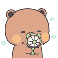 a cartoon teddy bear is holding a fan in his mouth .