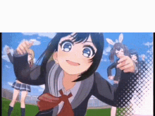 a girl in a school uniform is standing in front of a group of anime girls .