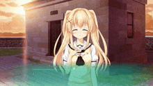 a girl with blonde hair is smiling in front of a brick building and says " tsunry "