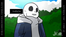 a cartoon drawing of a skeleton with the word sans on his face