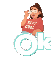 a girl wearing glasses and a shirt that says " stay cool "